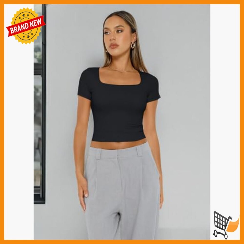 Double Lined Crop Top Square Neck Slim Fit Tee Workout Casual - Picture 6 of 7